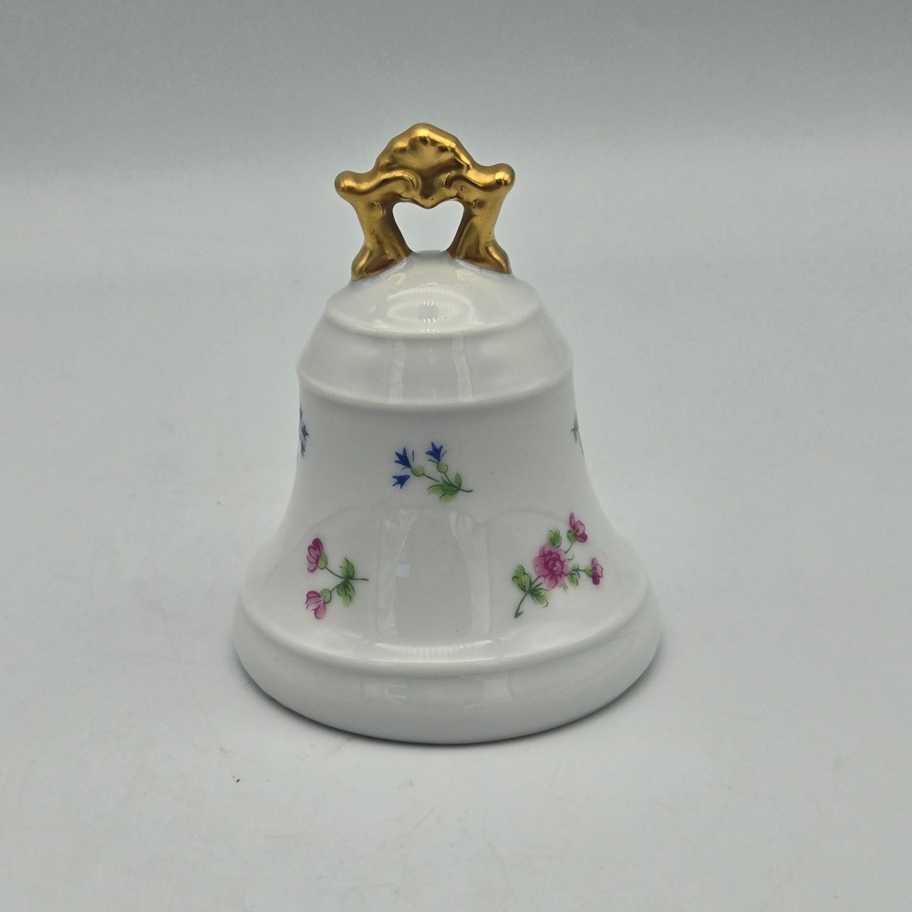 Bernardaud Limoges France Porcelain Dinner Bell Floral Gold Trim Brass Clapper
